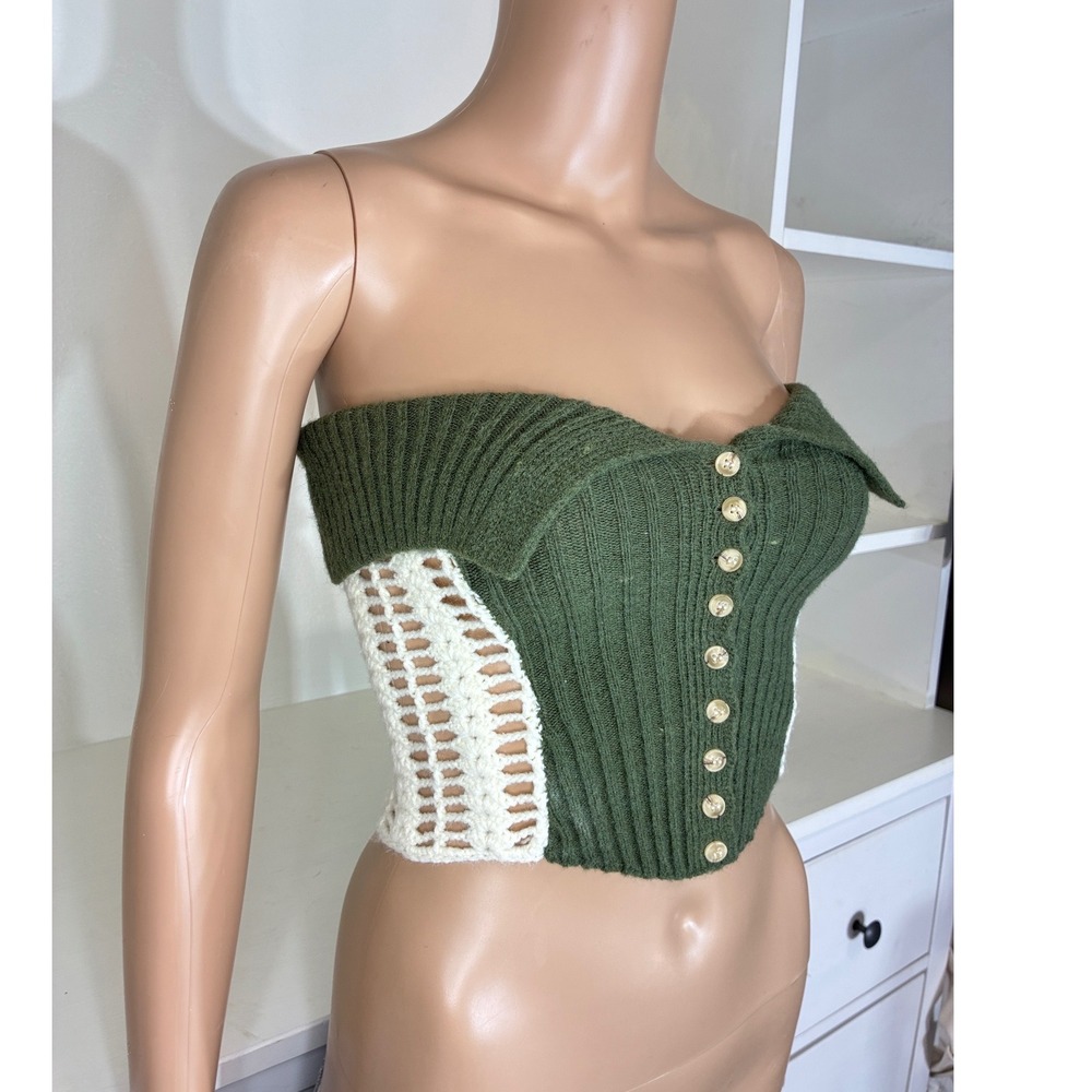 Jaded London Tube Top Women XS Green Ribbed Crochet Knit Corset Button Front